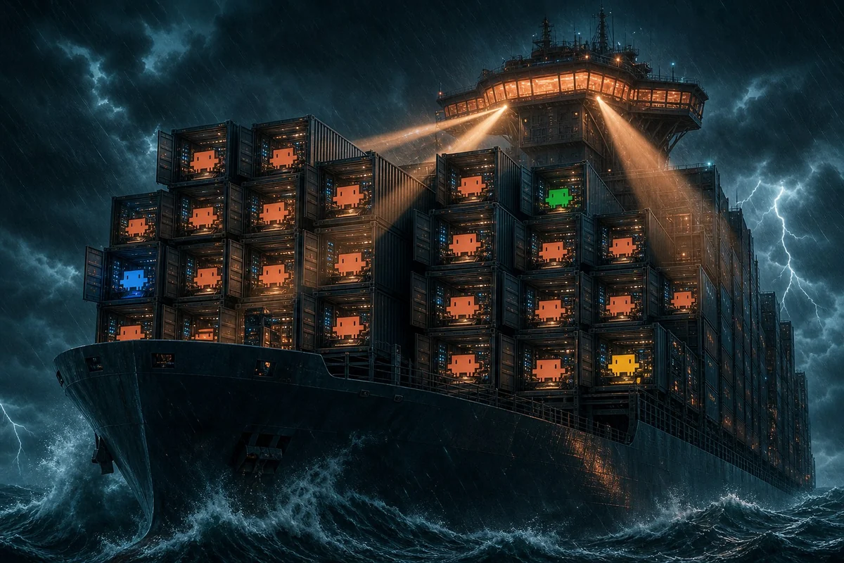 Quarterdeck: a storm-tossed cargo ship stacked with server containers, each holding a little Claude at work, watched over by a glowing command bridge.